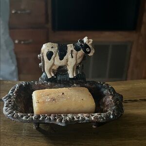Vintage black and cream Cow Topped Cast Iron Soap Dish  - Rustic